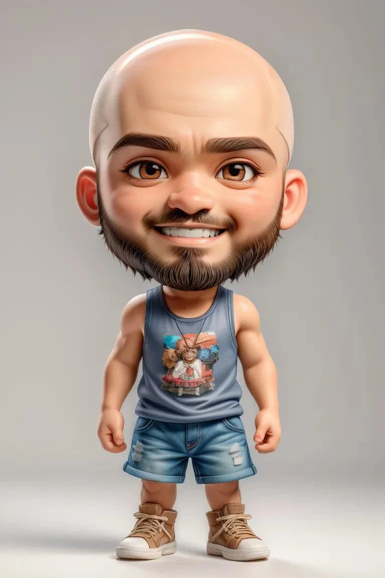 Custom A.I. art cartoon character with bald head and beard, wearing a tank top and denim shorts.