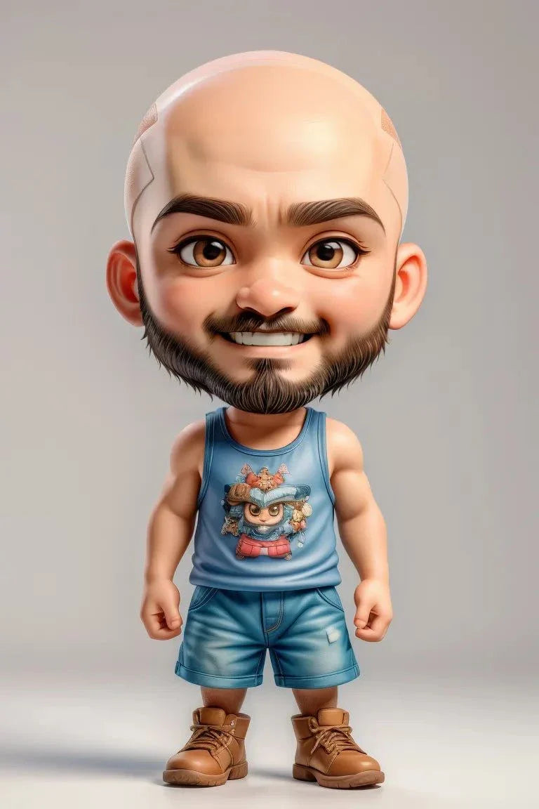 Custom A.I. art design featuring a cartoon-style, smiling man with a beard, wearing a tank top, shorts, and boots.