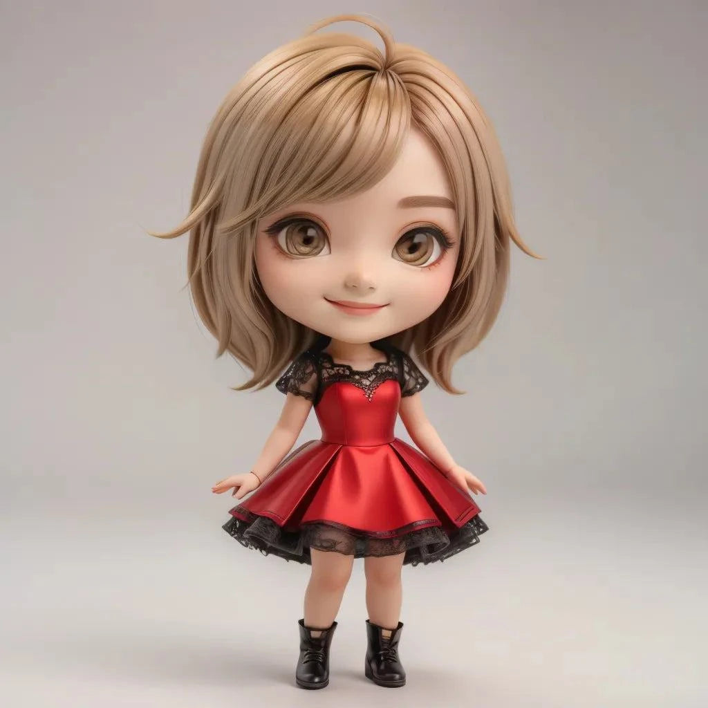 Custom doll-like A.I. digitalized art of a cute miniature figure in a red dress, showcasing a unique anime character style with a big head and small body.