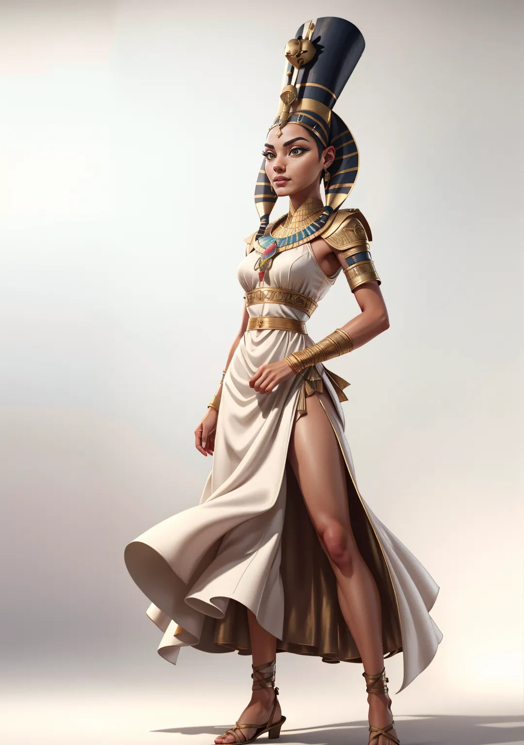 Ancient Egyptian queen digital art with regal attire and golden crown.