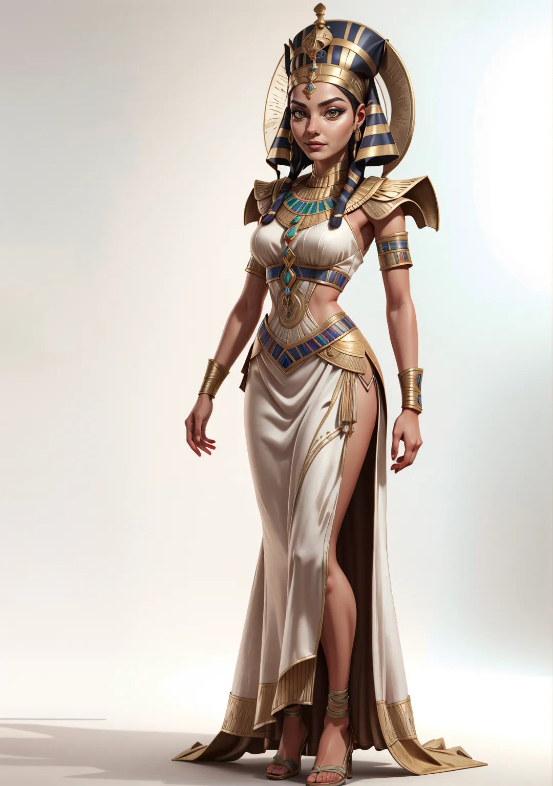 Ancient Egyptian queen digital art with golden crown and regal attire.