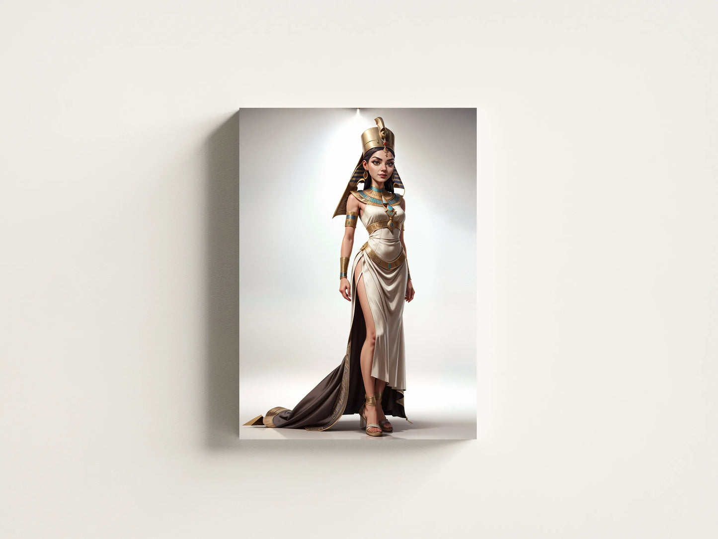 Ancient Egyptian queen digital art on canvas with golden crown and regal attire.
