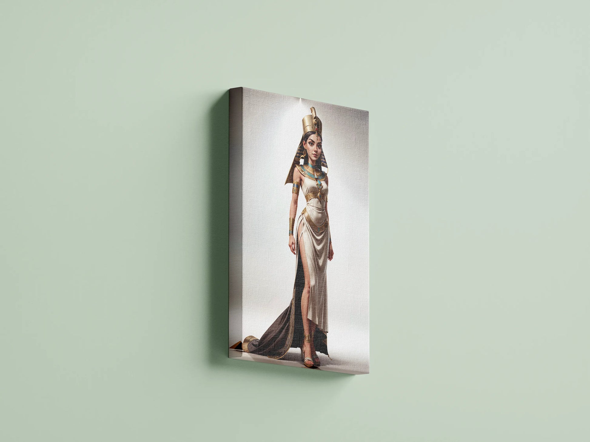 Custom Pharaoh A.I. art on canvas depicting an Ancient Egyptian queen with regal attire and golden crown.