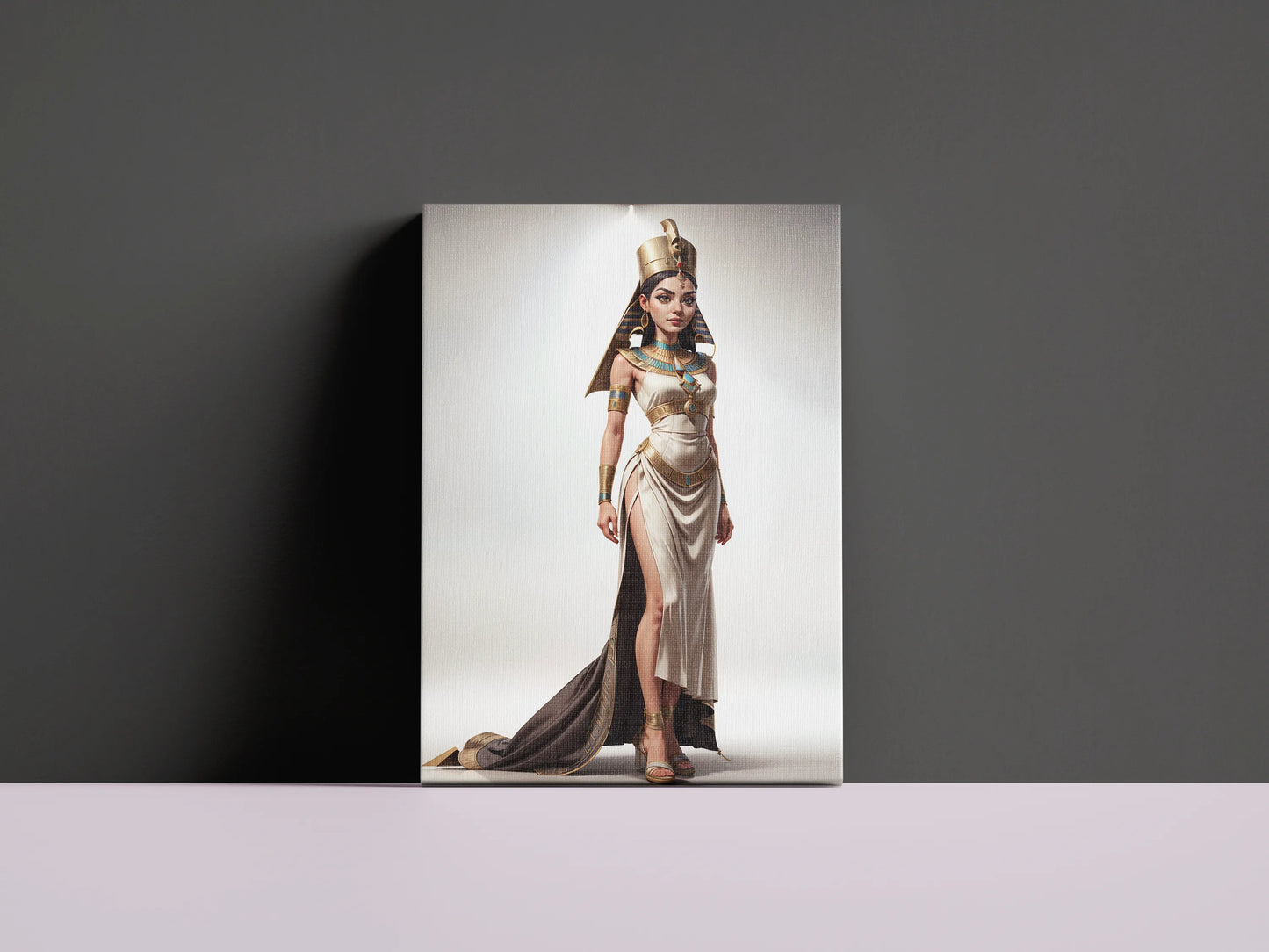 Ancient Egyptian Queen digital art on canvas with regal attire and golden crown.