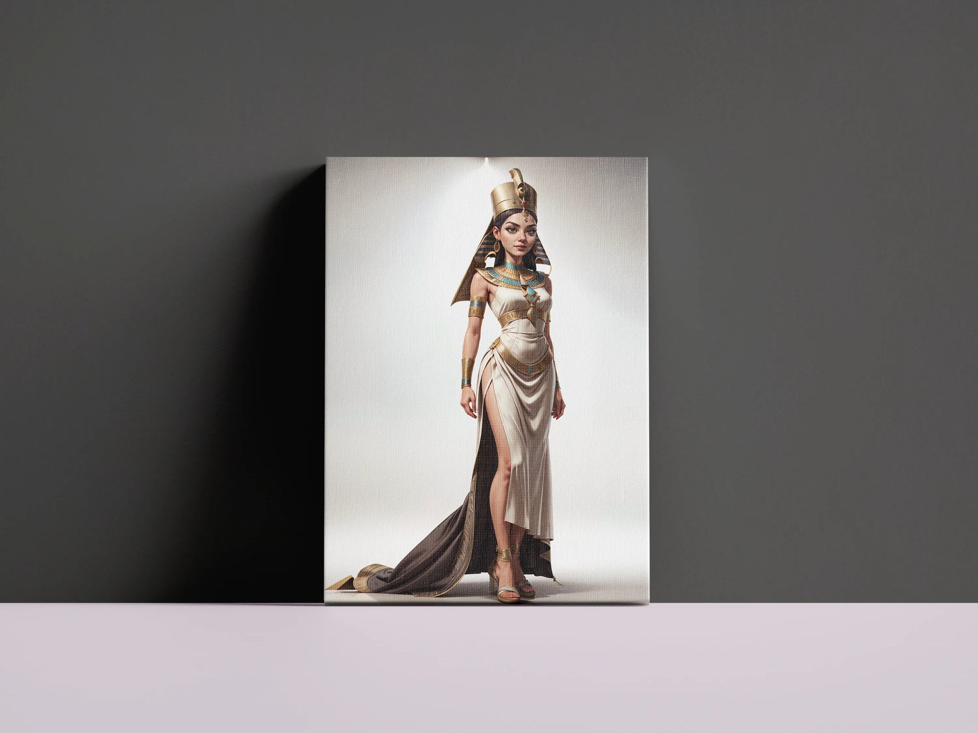Ancient Egyptian Queen digital art on canvas with regal attire and golden crown.