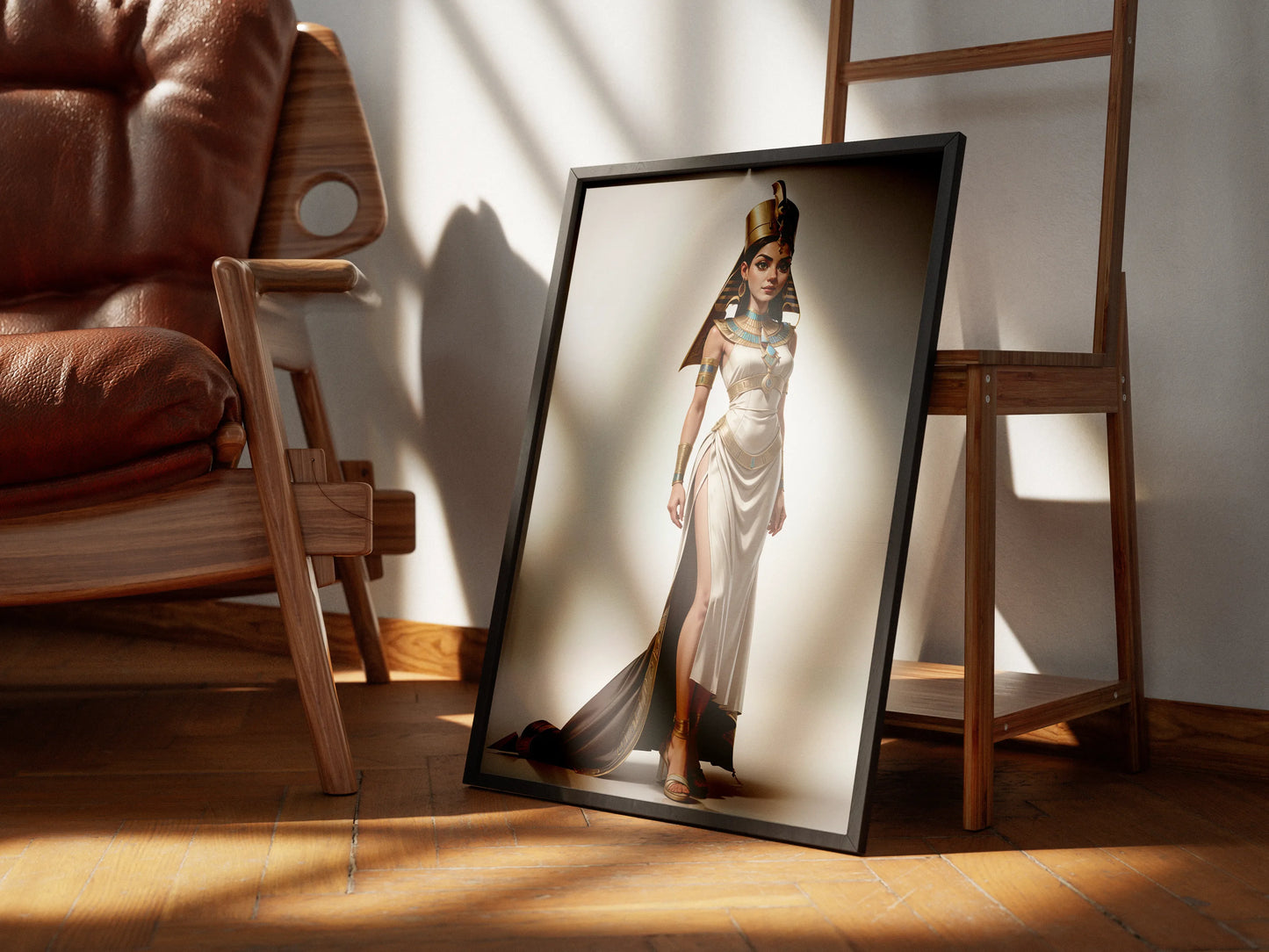 Custom Pharaoh A.I. Art depicting an ancient Egyptian queen in regal attire and golden crown.