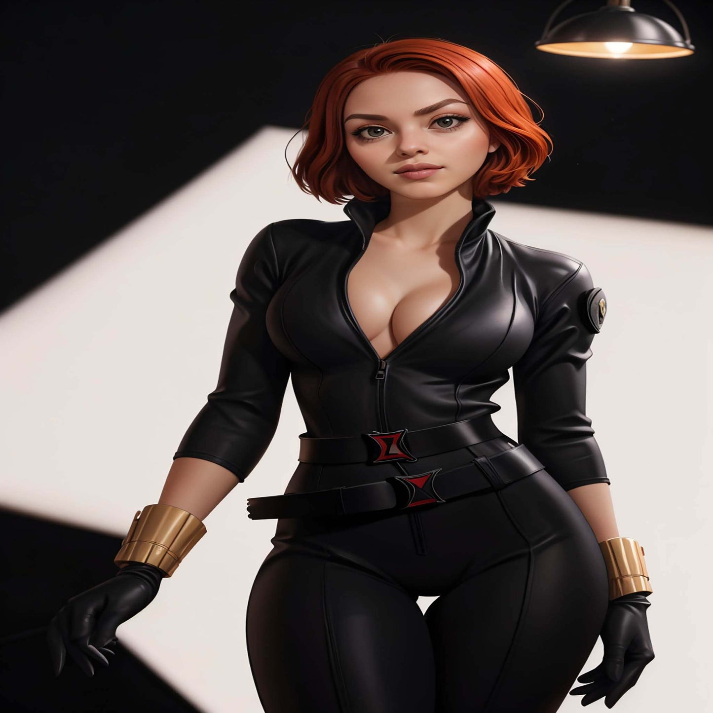 digital illustration of a female superhero in black leather outfit with red hair
