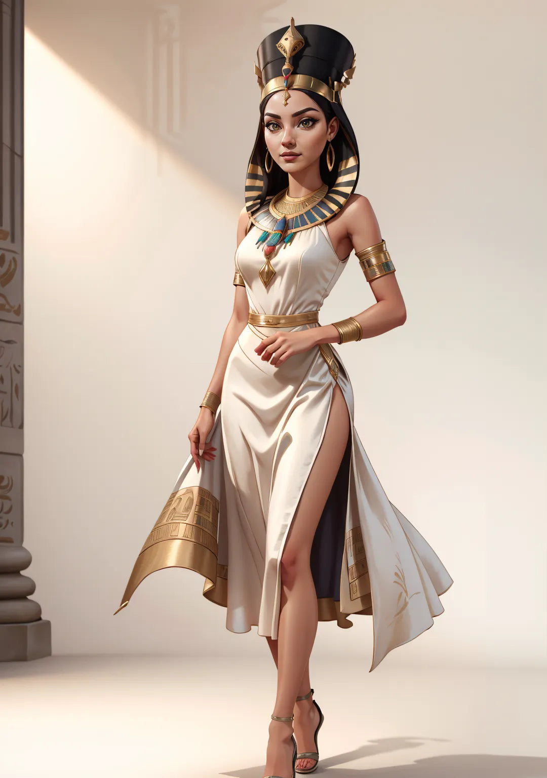 Ancient Egyptian queen digital art with regal attire and crown.