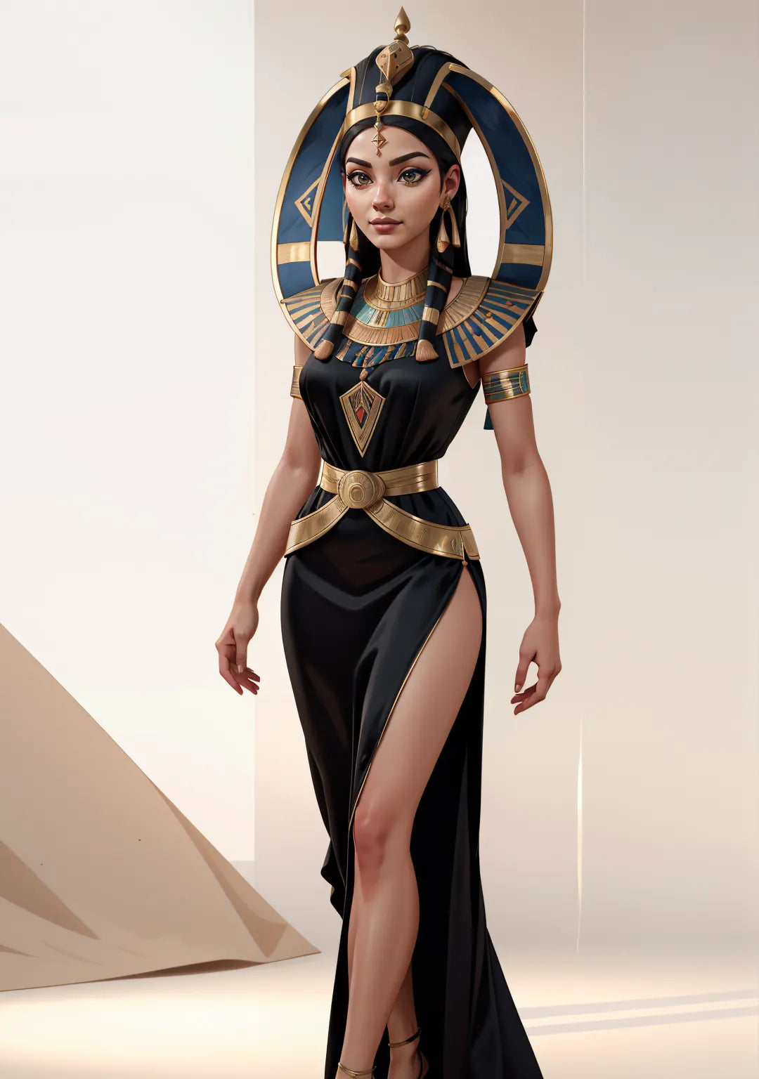 Digital art of a person in ancient Egyptian attire with a golden crown and hieroglyphic details, showcasing Custom Pharaoh A.I. Art service.