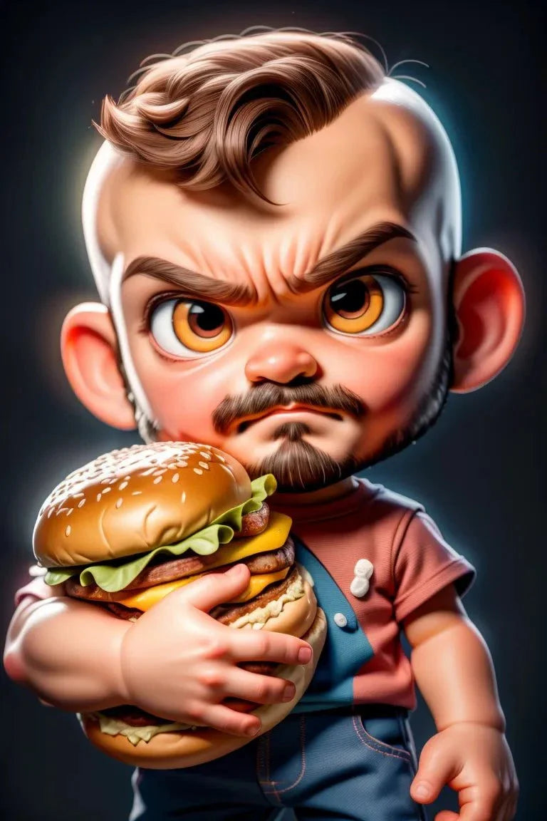 Custom A.I. art featuring a cartoon character holding a hamburger; personalized digital design.
