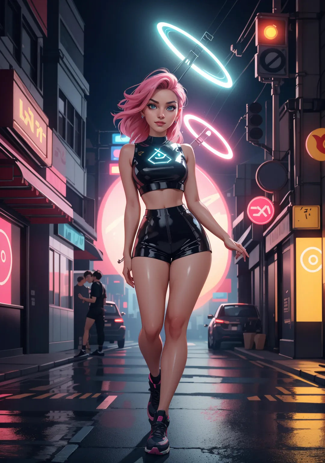 Cyberpunk-themed digital art with neon lights in a futuristic cityscape.