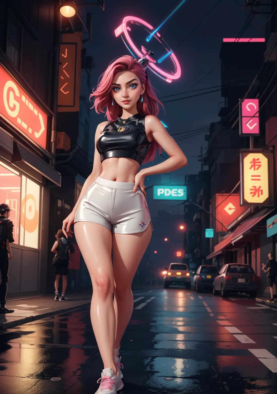 Cyberpunk-inspired digital artwork featuring a futuristic neon-lit city scene with a stylish character.