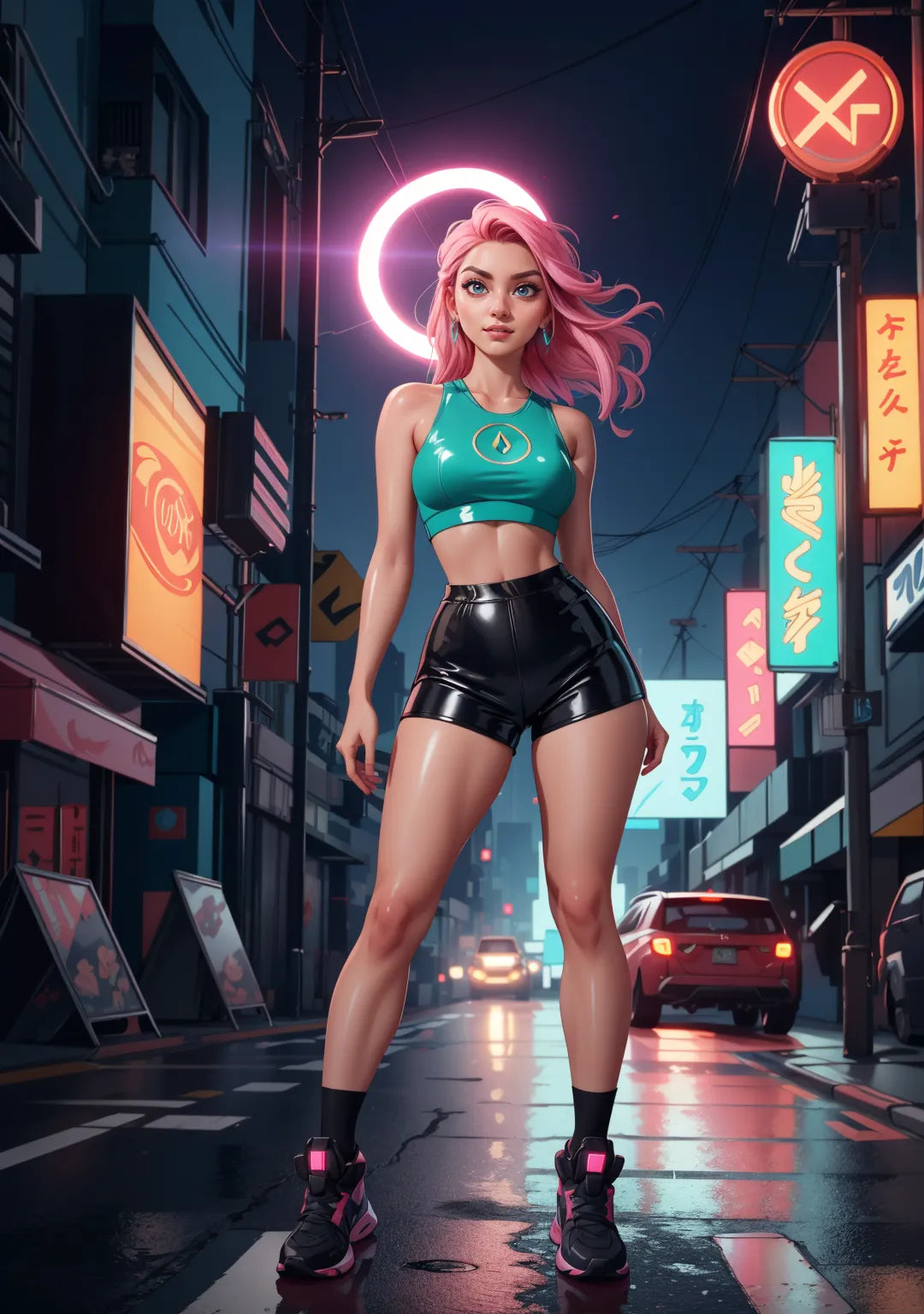 Cyberpunk street with futuristic neon lights and fashionable figure