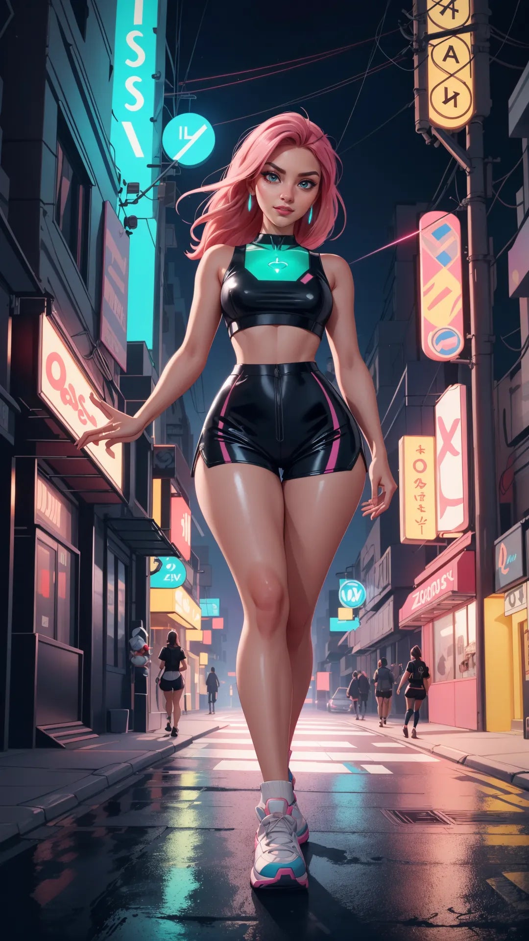 Futuristic cyberpunk art featuring a female character in a neon-lit cityscape.