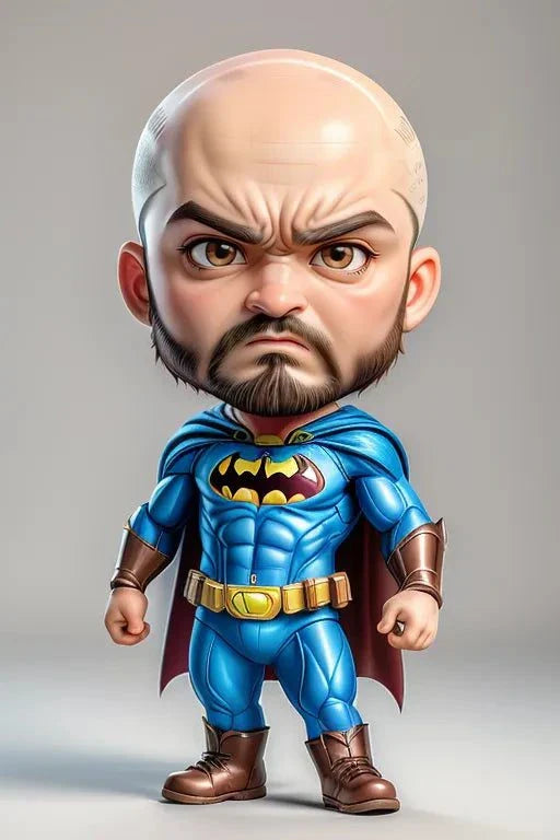 Custom A.I. superhero art featuring a bald character in a blue and brown costume.