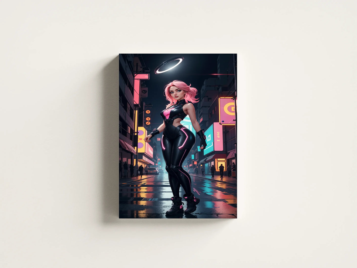 Futuristic art canvas depicting a cyberpunk character in neon cityscape.