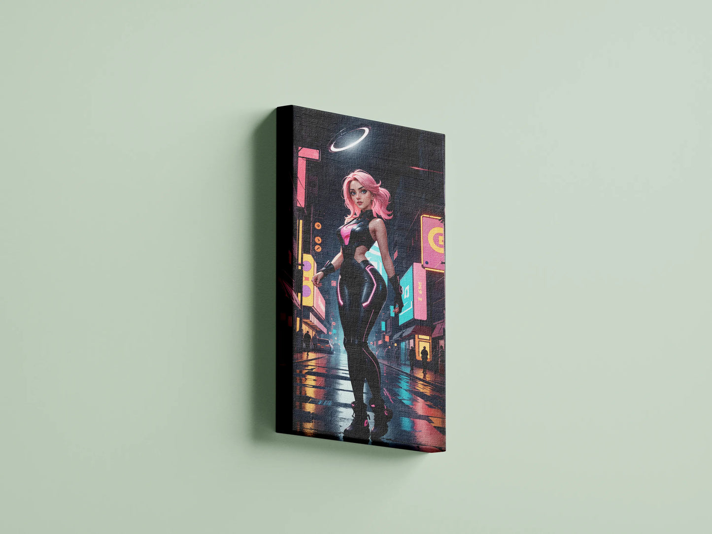 Futuristic cyberpunk digital art featuring a character in vibrant neon colors on canvas.