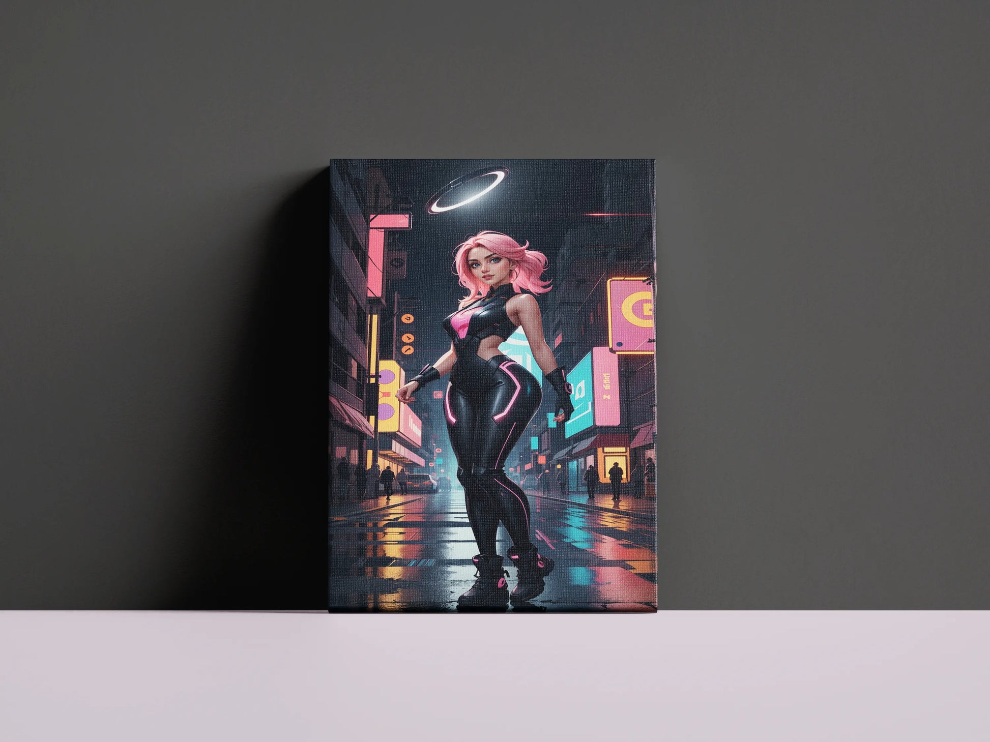 Futuristic A.I. art on canvas displaying a cyberpunk character in neon colors.