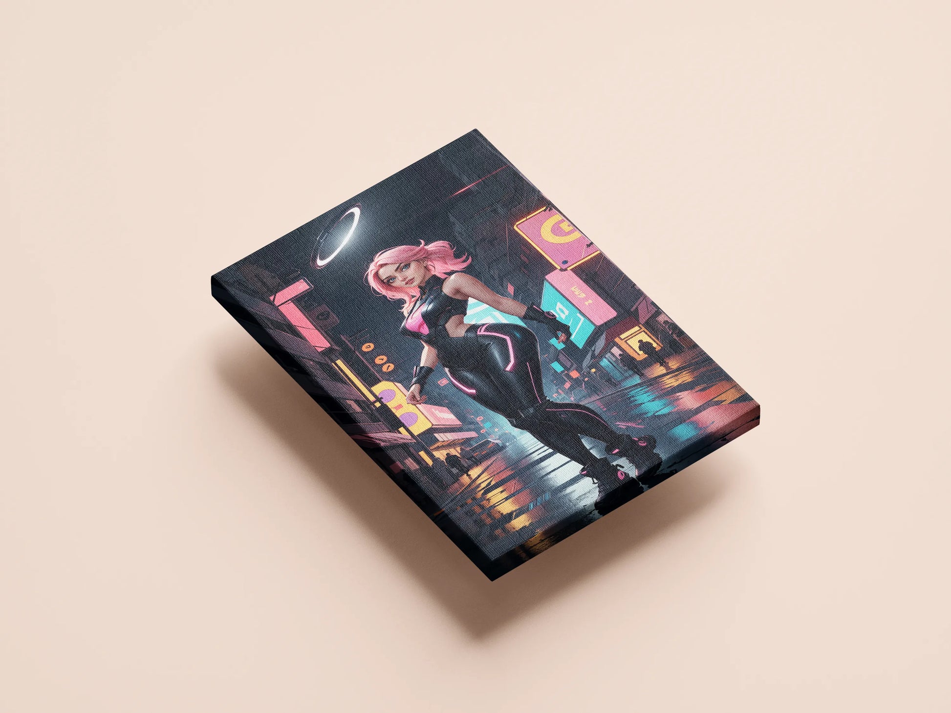 Futuristic cyberpunk art print depicting a character in neon-lit cityscape.