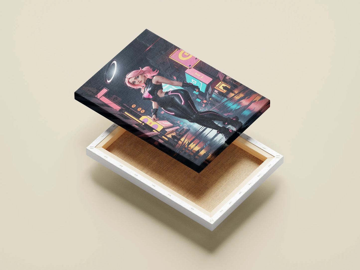 Futuristic cyberpunk art on canvas with neon colors and high-tech design.