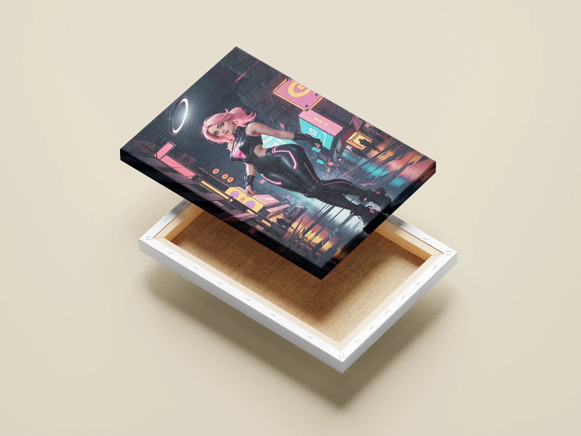 Futuristic cyberpunk art on canvas with neon colors and high-tech design.