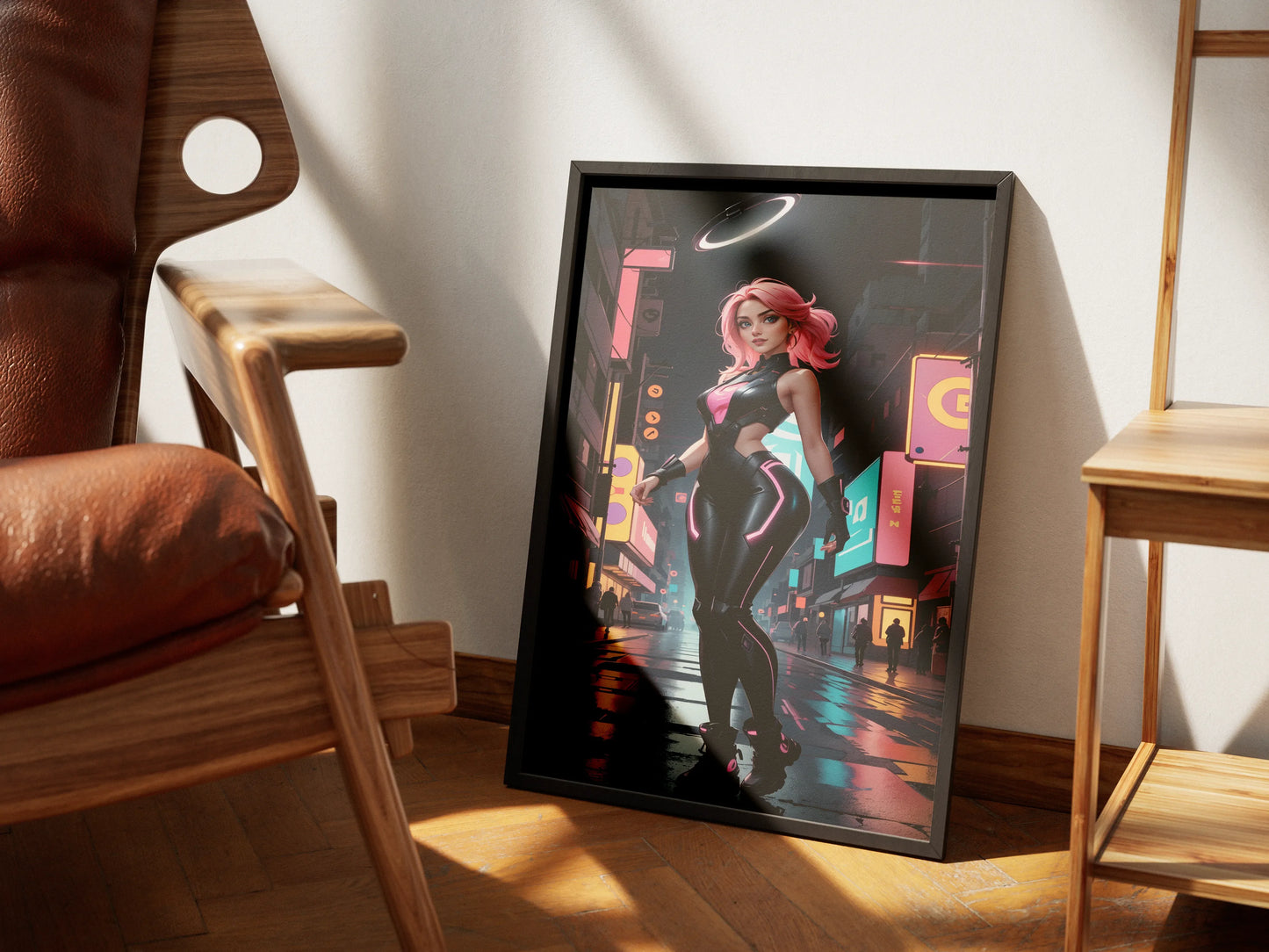 Futuristic cyberpunk art print leaning against a chair in a room.