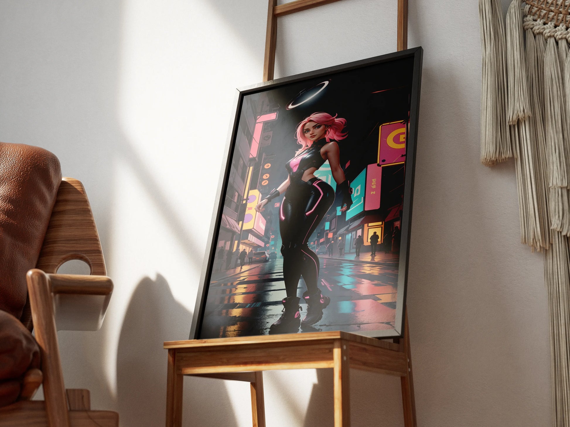 Futuristic A.I. cyberpunk art print with vibrant neon colors and high-tech design.