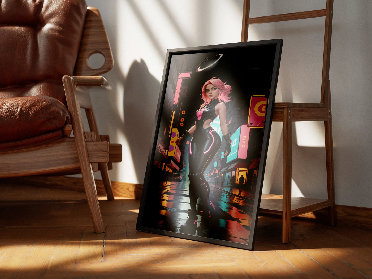 Futuristic A.I. digital art print with cyberpunk style, vibrant neon colors, and high-tech design.