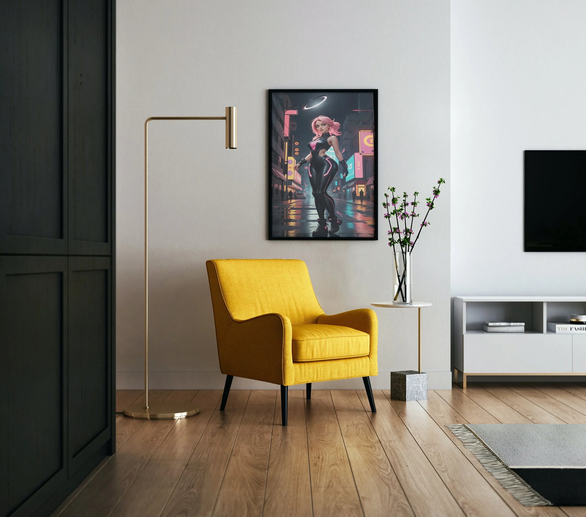 Modern living room featuring a framed cyberpunk art piece above a yellow armchair, showcasing futuristic digitalized design.