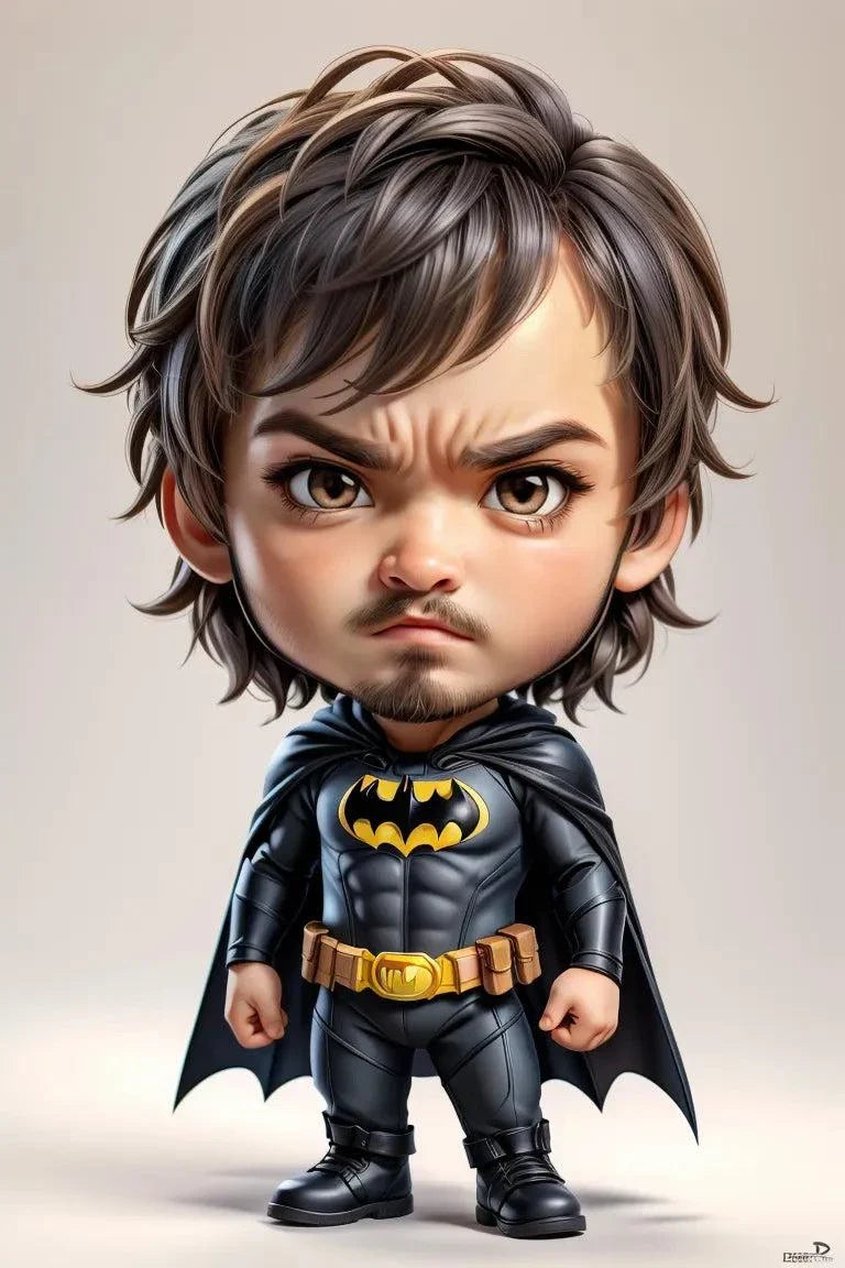 Custom A.I. Art service transforming photo into Batman-inspired chibi character illustration, showcasing unique design in high-resolution PNG.