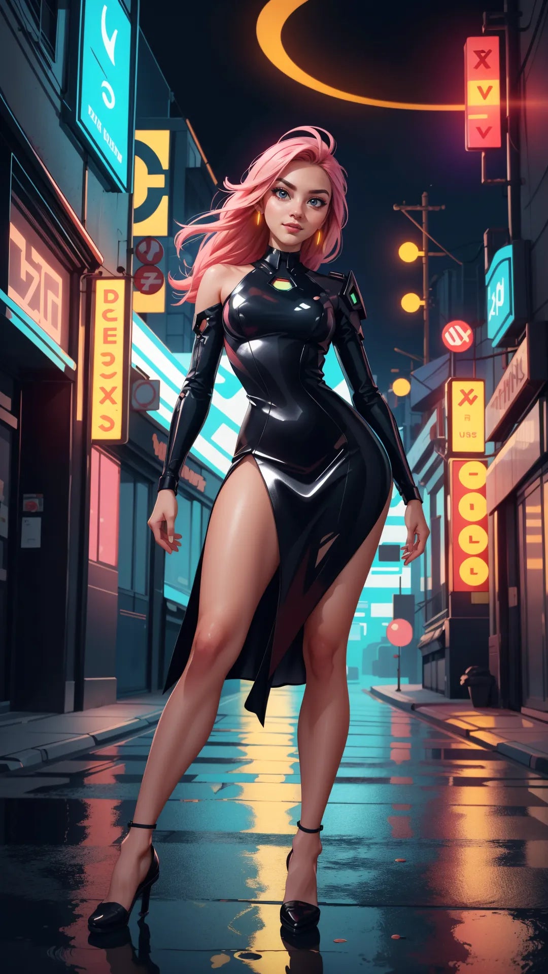 Futuristic cyberpunk woman in neon-lit cityscape.