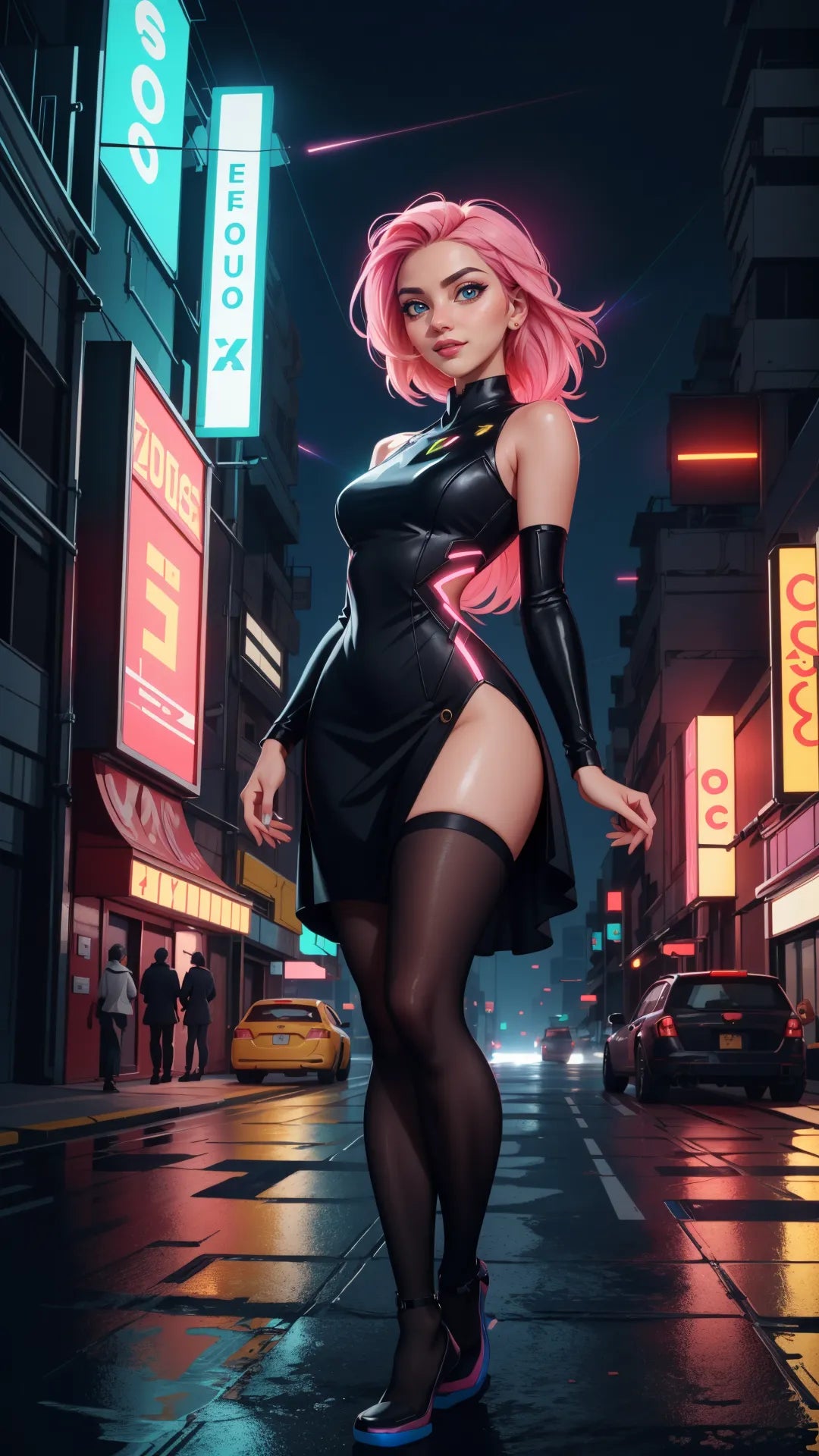 Futuristic digital art of a woman with pink hair in a cyberpunk cityscape.