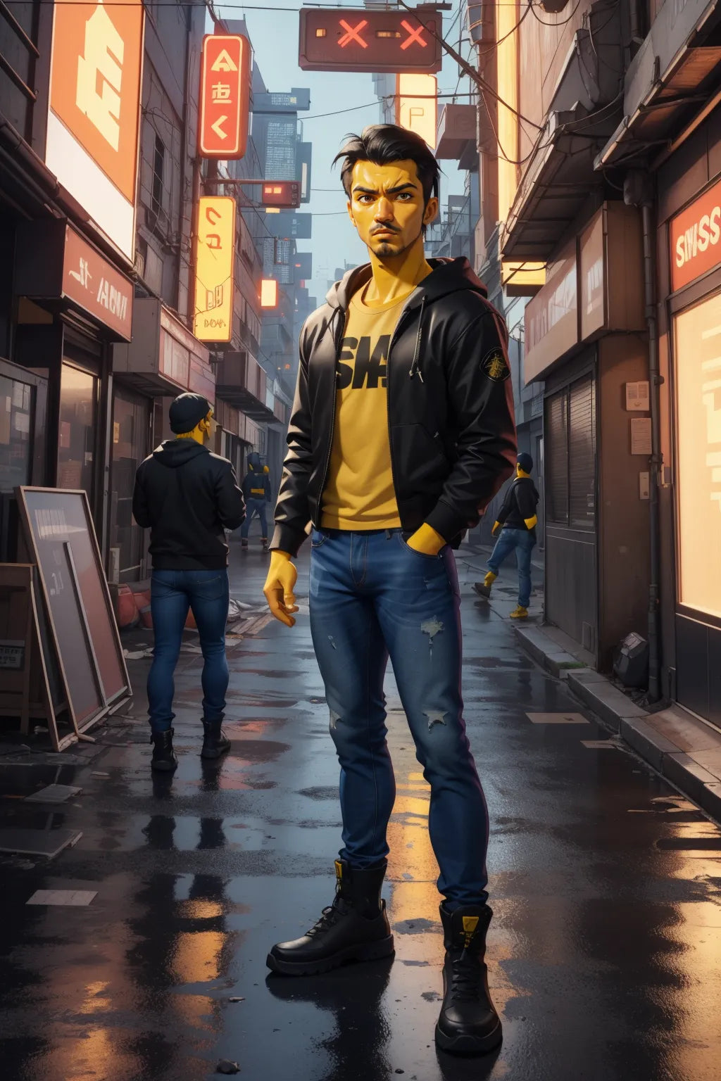 Custom Anime A.I. Art showcasing a character in a street scene, perfect for anime fans.