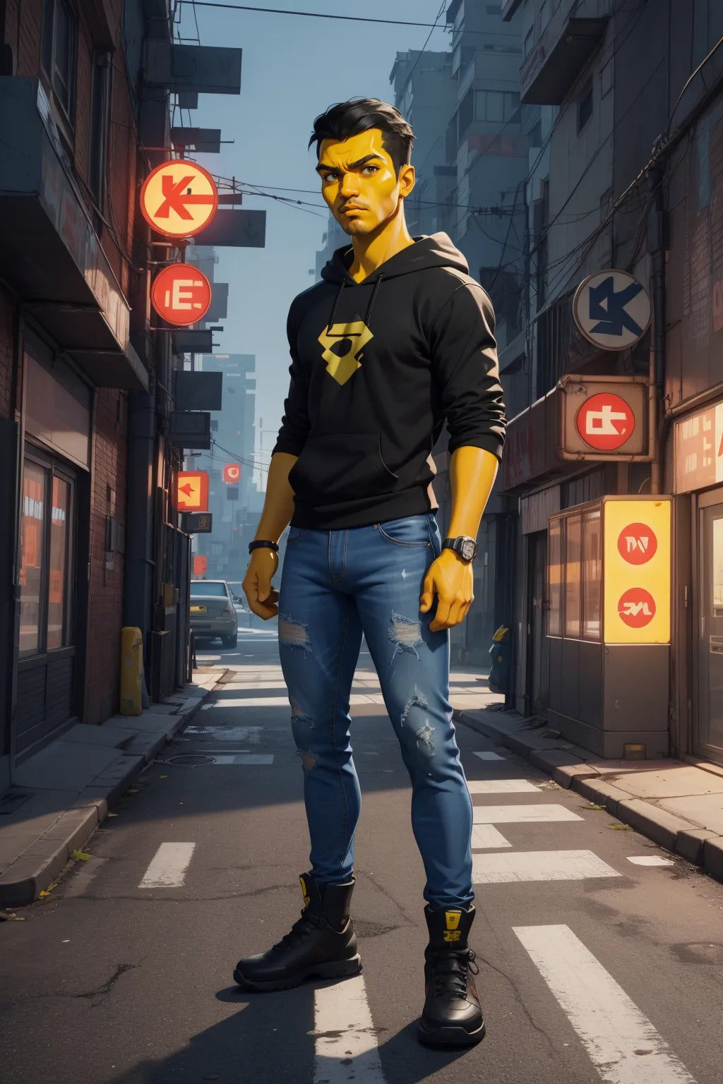 Custom Anime A.I. Art: DBZ style character standing in a city street at night.