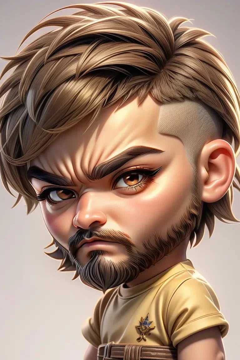 Custom A.I. art featuring a stylized male character with intricate hair and intense expression, showcasing digital artistry.