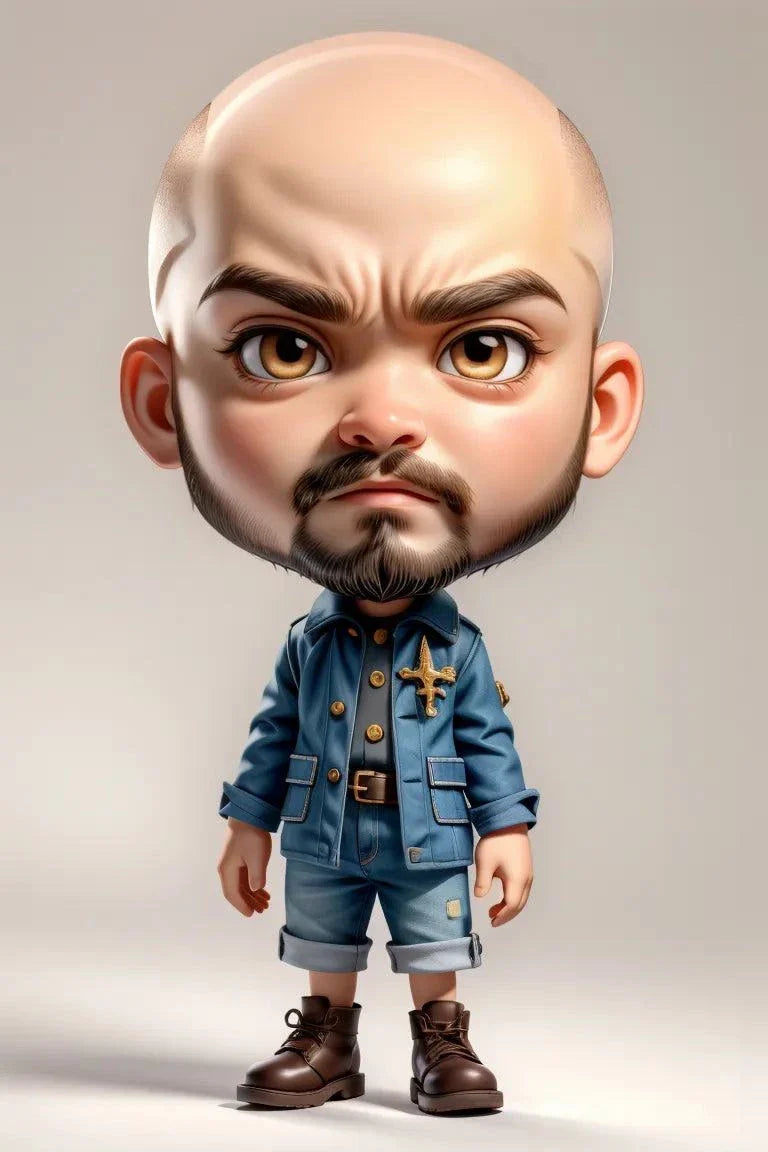 Custom A.I. artwork featuring a stylized, cartoon-like figure with a large head and intense expression, dressed in denim with a sheriff badge.