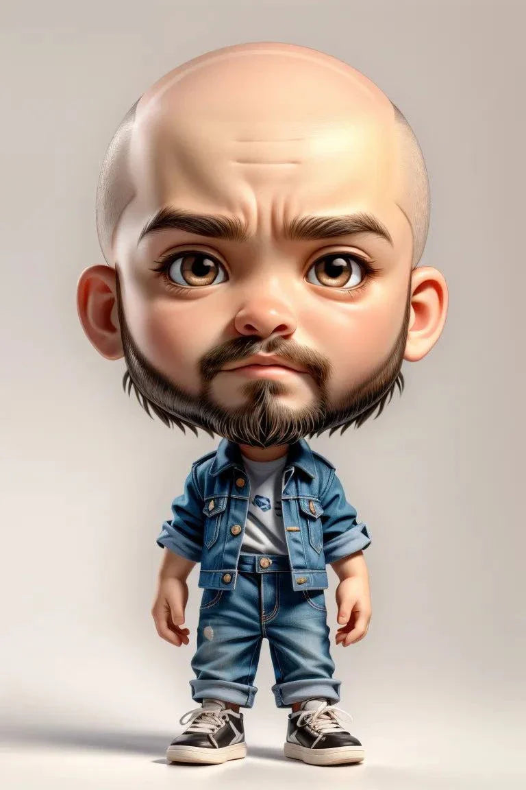 Custom A.I. art featuring a cartoon-style design of a bearded character in denim jacket and jeans.