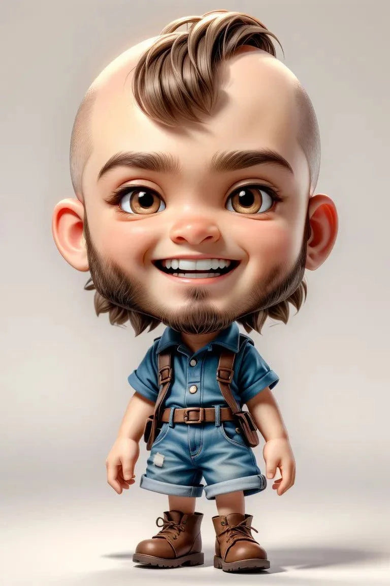 Custom A.I. art of a smiling cartoon character with a unique hairstyle wearing a blue shirt and denim overalls.