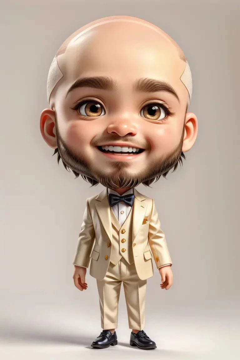 Custom A.I. art illustration of a cheerful character in a cream suit with a bow tie.