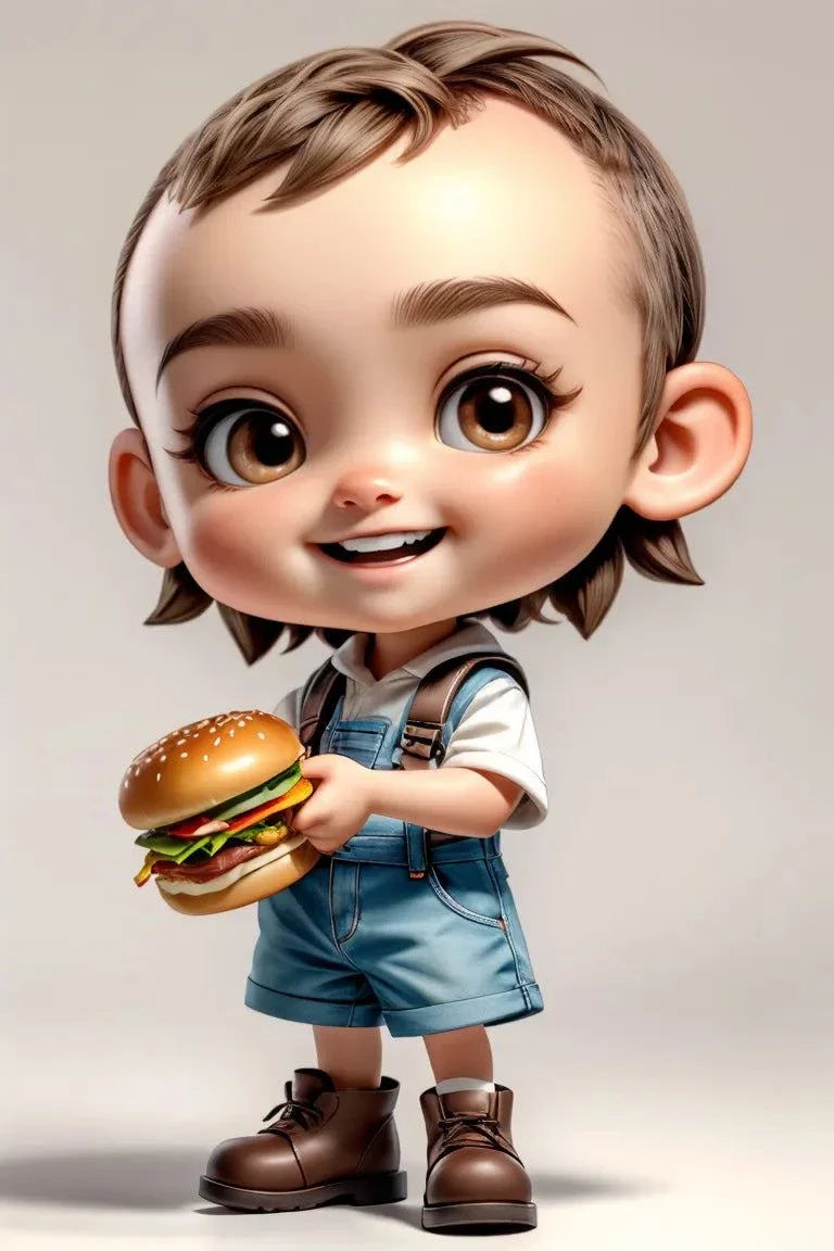 Cute 3D character holding a hamburger in a playful pose.