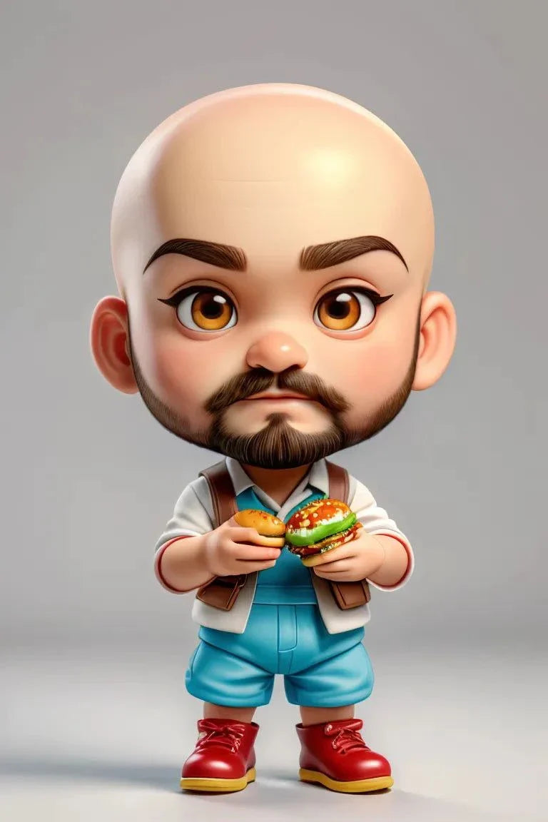 Custom A.I. art creation featuring a stylized character holding a burger, showcasing vibrant colors and digital artistry.