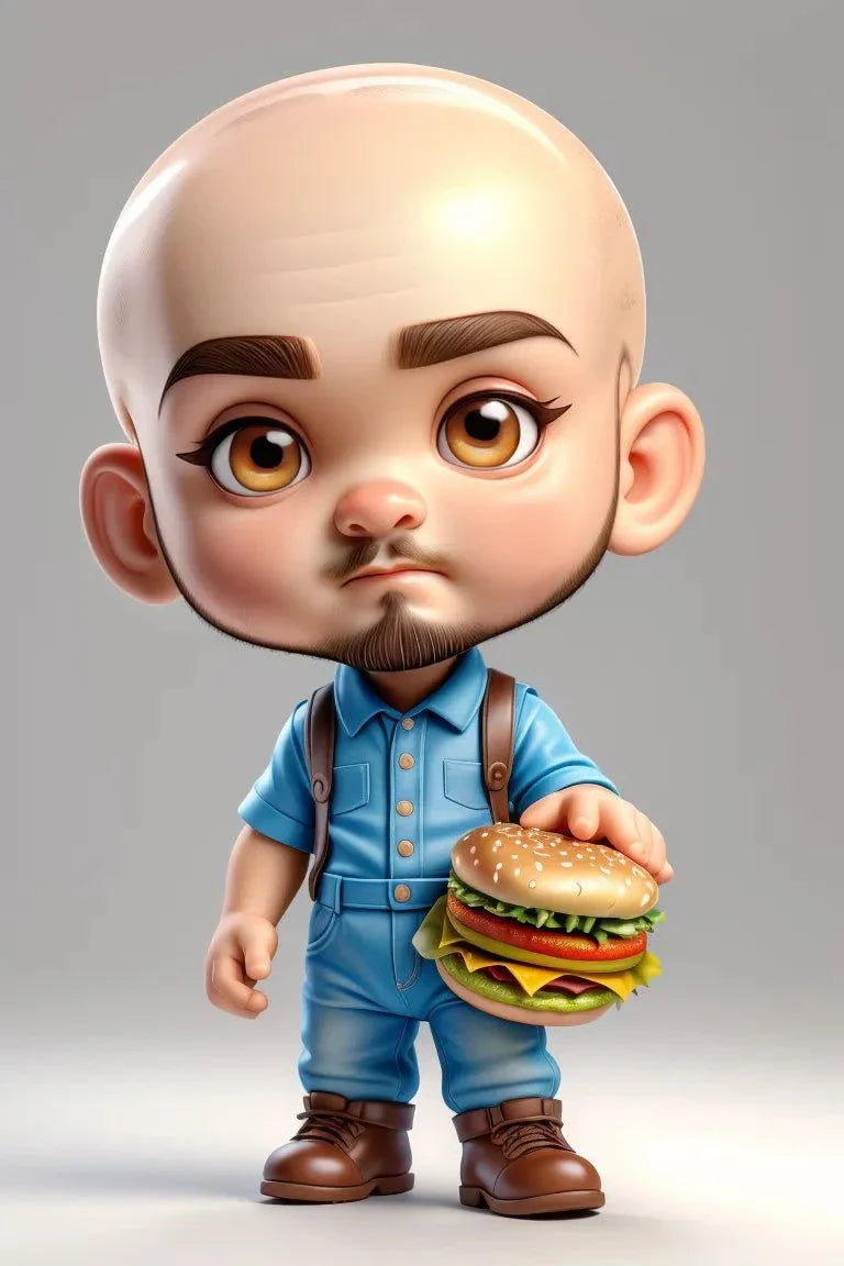 Custom A.I. art of a cartoon character in blue overalls holding a burger.