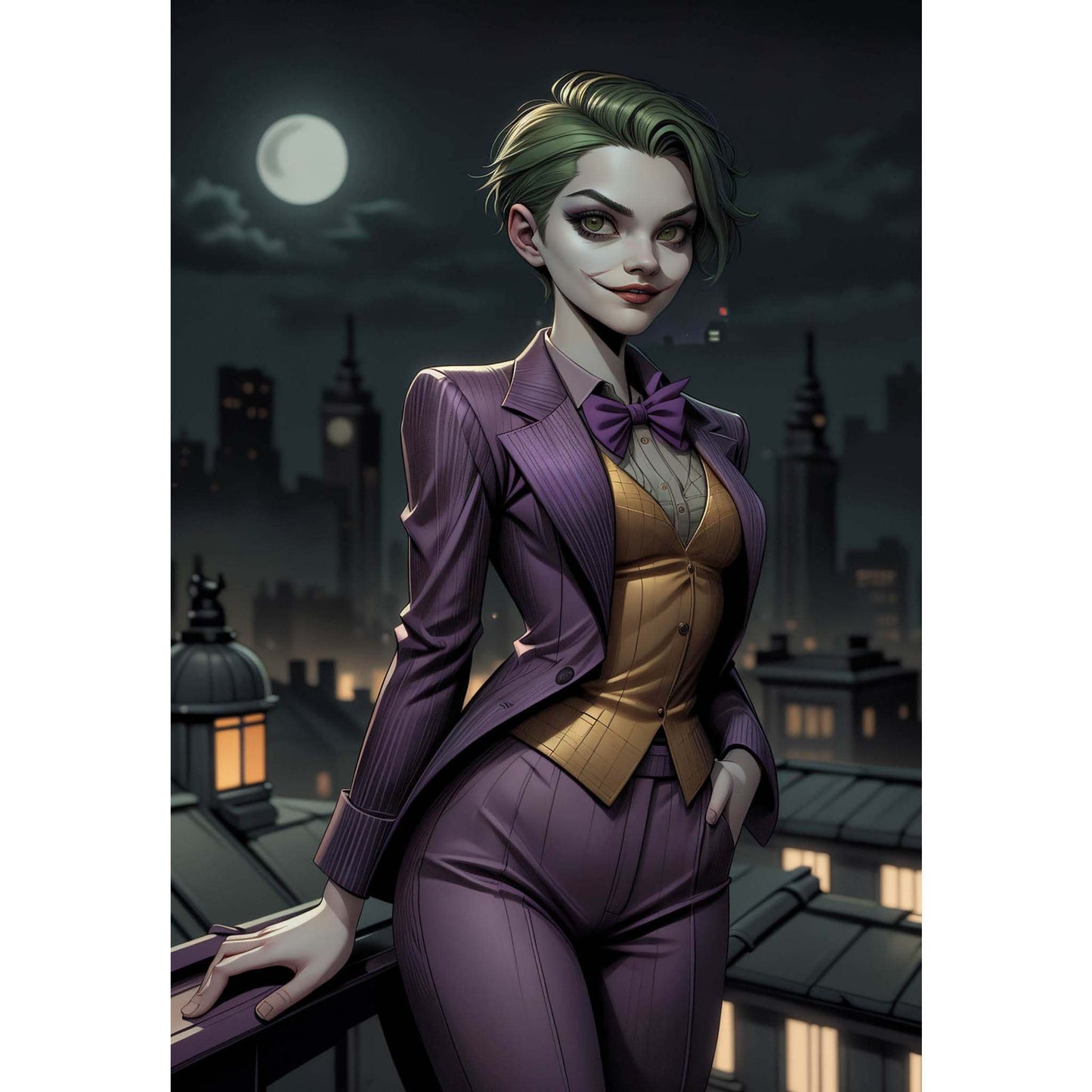 Digital art of a feminine character styled as a stylish villain in a cityscape at night.