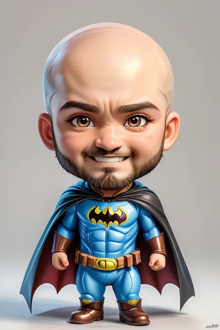 Custom A.I. art of a cartoon superhero character with a bald head and beard, wearing a blue suit and black cape.