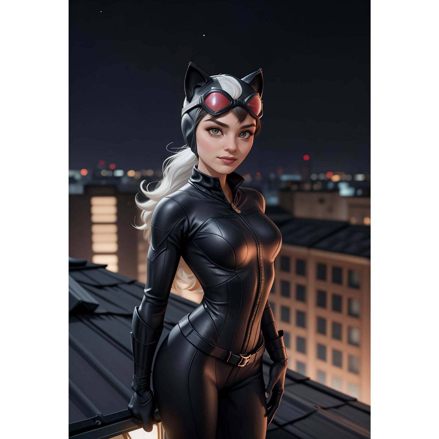 A.I. digital art of woman in superhero costume on rooftop at night.