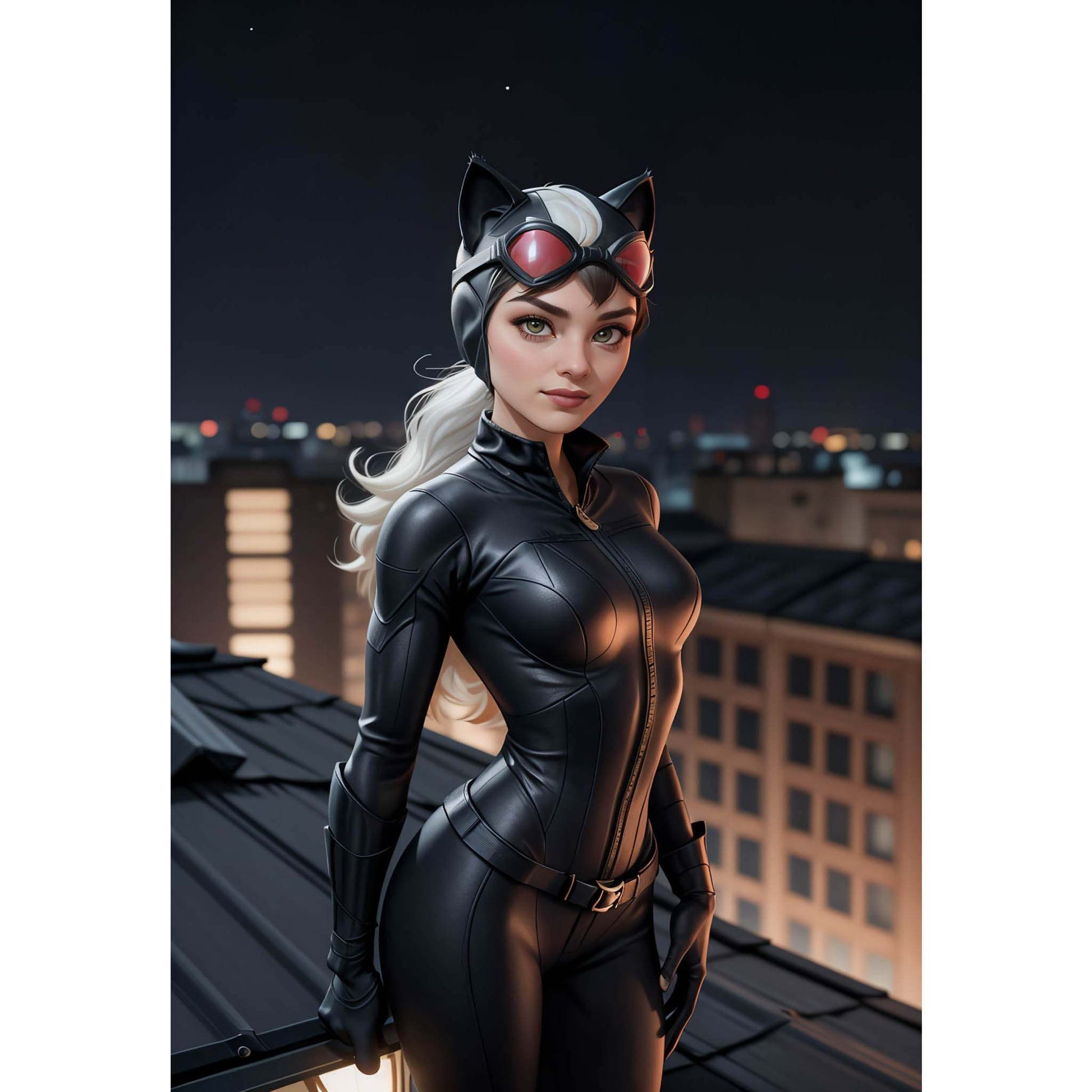 A.I. digital art of woman in superhero costume on rooftop at night.