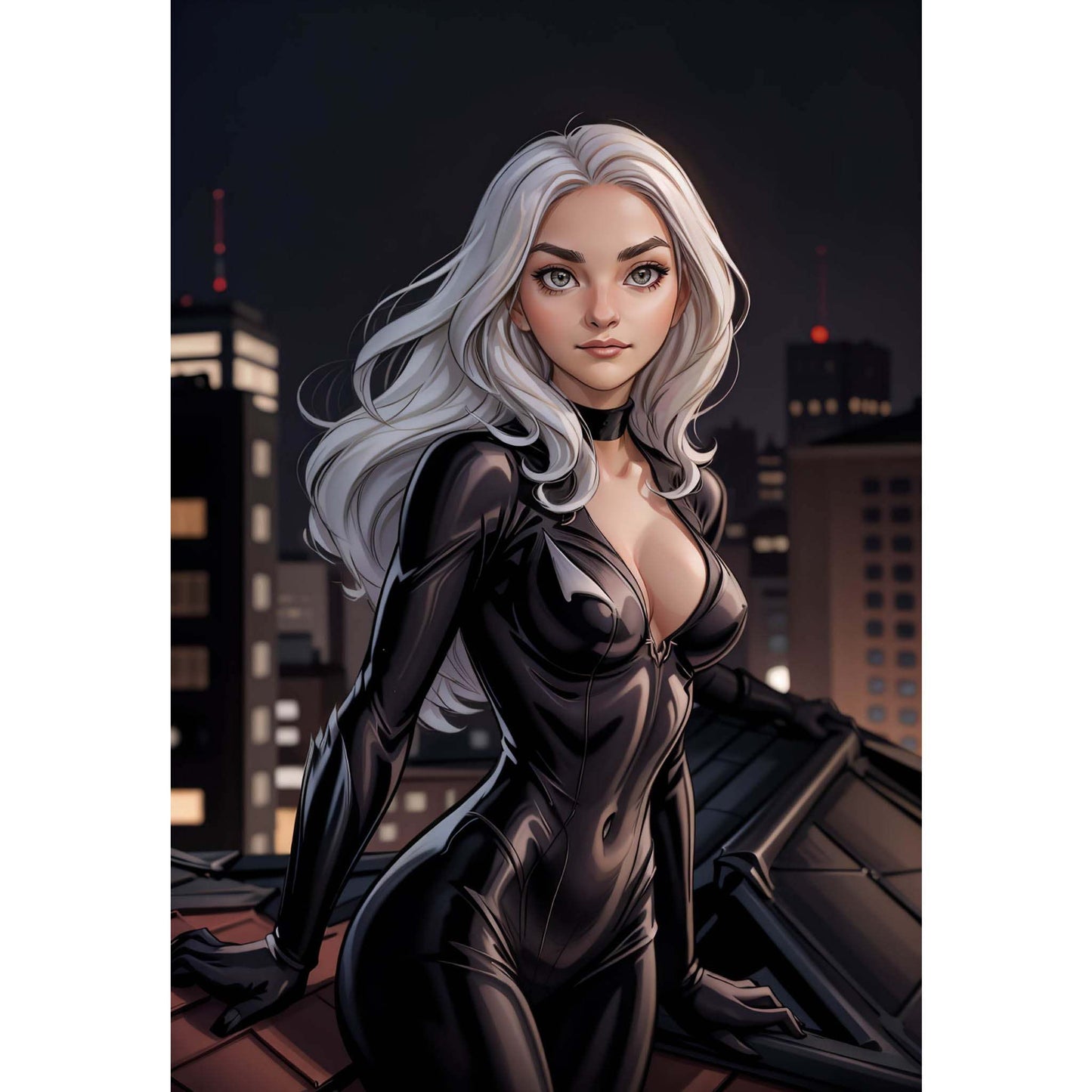 Custom A.I. superhero digital art of a woman in black costume on a rooftop, night cityscape background.