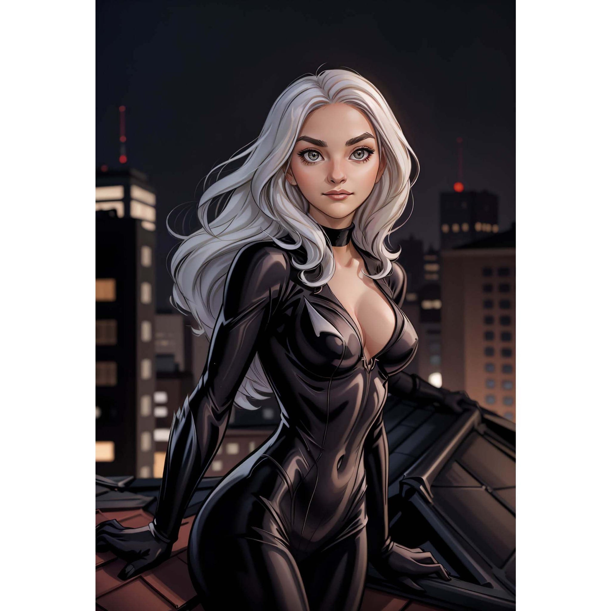 Custom A.I. superhero digital art of a woman in black costume on a rooftop, night cityscape background.