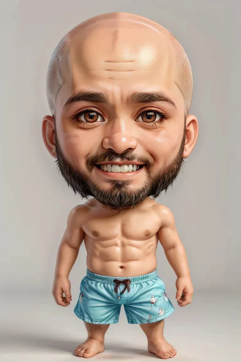 Custom A.I. art caricature of a smiling man with a beard, muscular body, and large head wearing blue shorts.