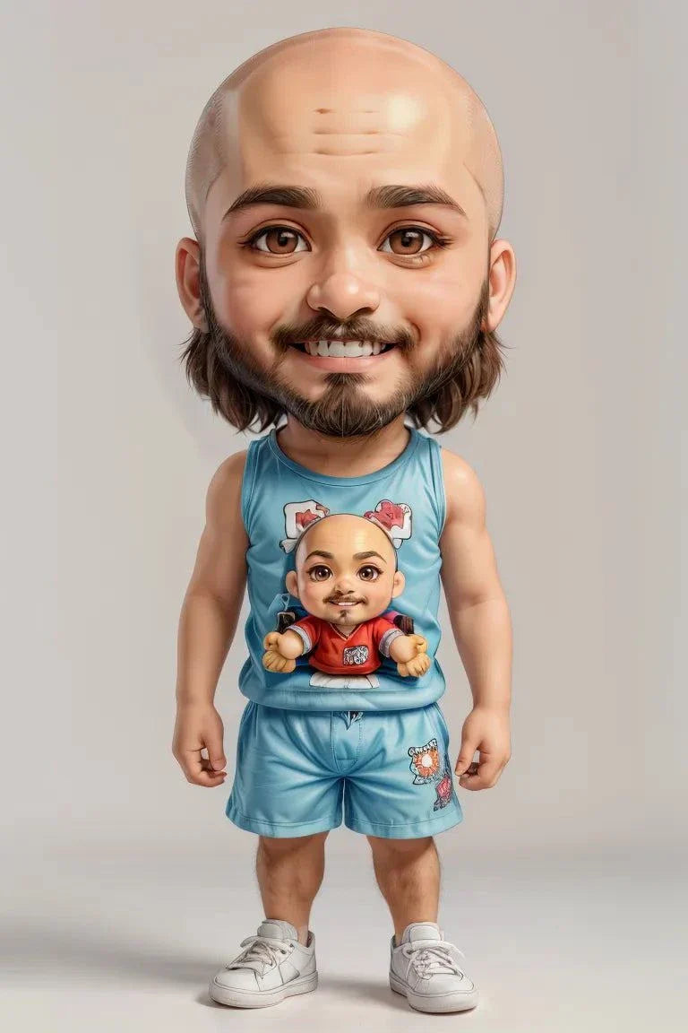 Custom A.I. art design of a person wearing a blue outfit with matching doll, personalized digital download.